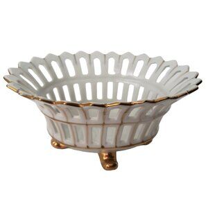 Antique White & Gold Porcelain Pierced Footed Bowl Like New Condition